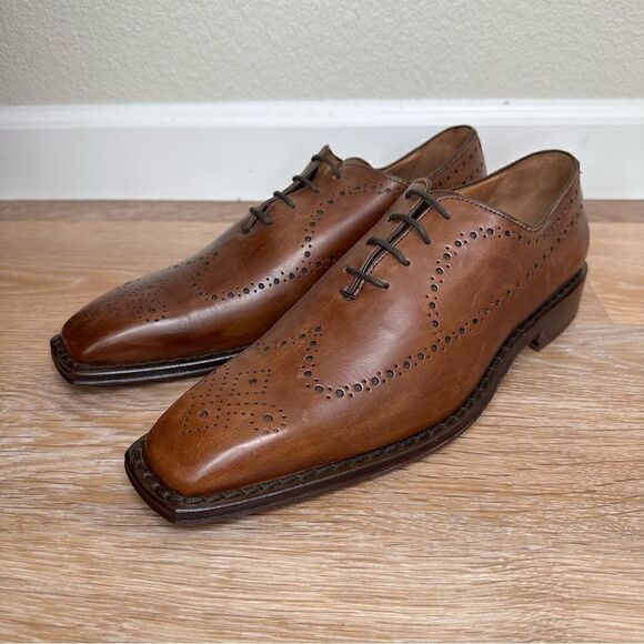 Calzoleria Toscana Brown Genuine Leather Brogue Wingtip Oxford Shoes - Picture 3 of 13